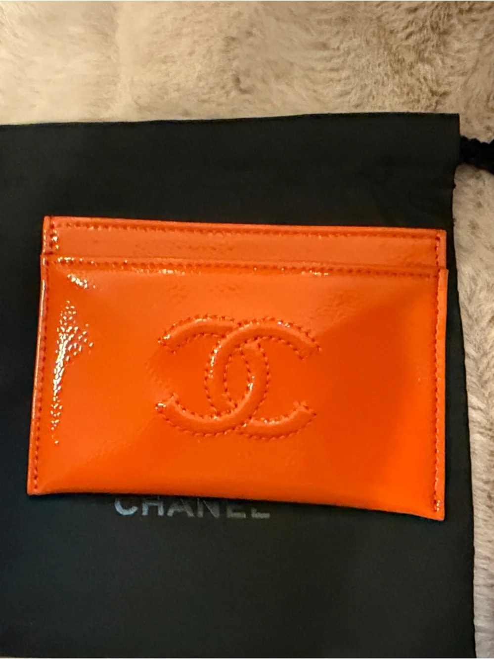 Pristine CHANEL Orange Patent Leather Card Case with Embossed CC and COA